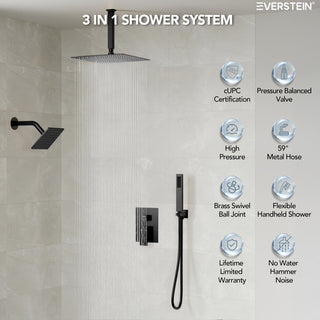 Dual Heads 3-Functions Shower System with Pressure Balancing Rough-In Valve, Matte Black