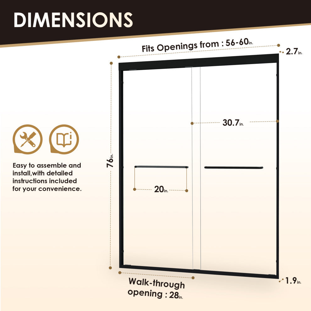 Ennis By Pass Framed Shower Door, Clear Glass, Matte Black, 60" W X 76" H