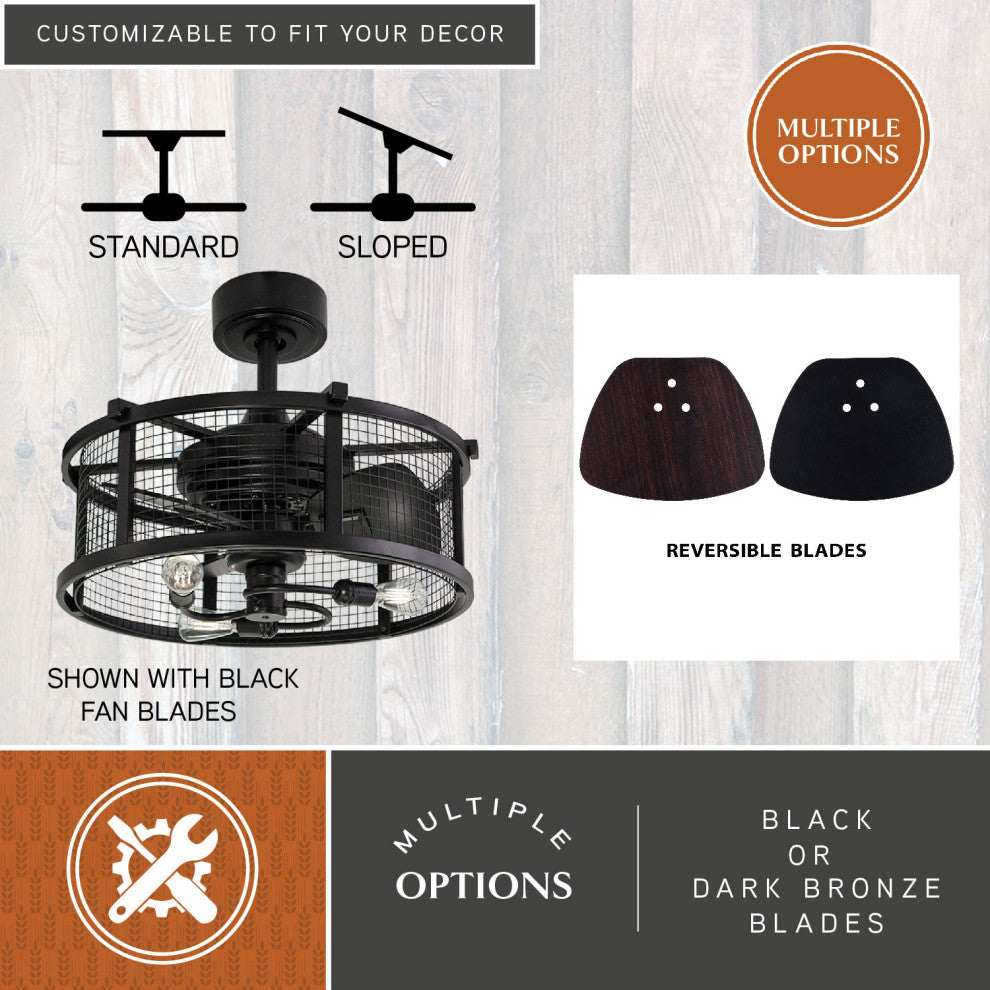 Humboldt Farmhouse Cage Ceiling Fan With LED Light Kit Remote, Black