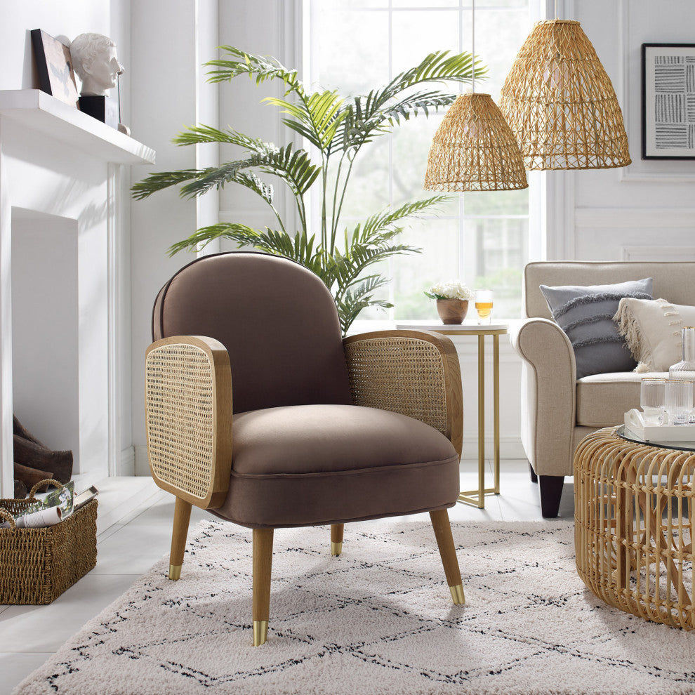Modern Mocha Velvet With Cane Accent Chair