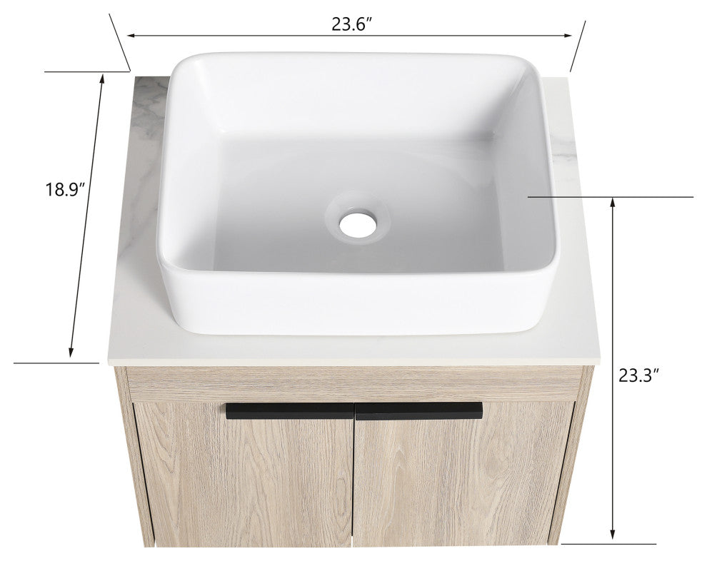 Wall-Mounted Bath Vanity, White Oak, White Ceramic Vessel Sink