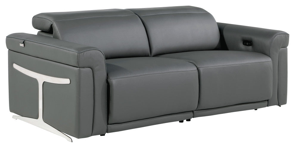 Augusto Top Grain Power Reclining Italian Leather Sofa, Dark Gray