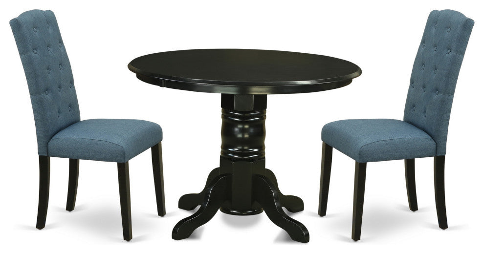 3Pc Dinette Set, Round Dining Table, Two Parson Chairs, Blue Fabric, Black