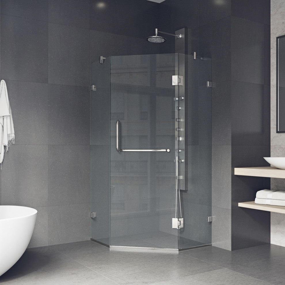 VIGO Piedmont Frameless Hinged Neo-Angle Shower Enclosure, Brushed Nickel, 38" D X 38" W, Without Base