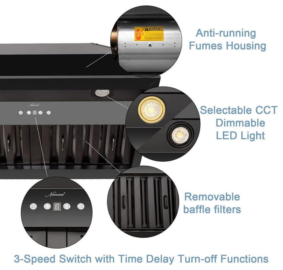 36" Insert/Built-in Matte Black Range Hood, Dimmable, 3-Speeds 600CFM, Cool White Light, Matte Black