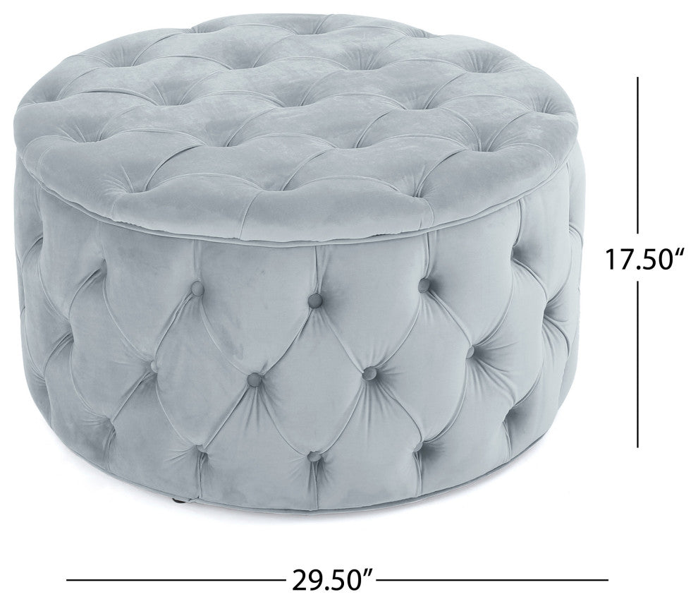 GDF Studio Maelyn Modern Glam Tufted Velvet Round Ottoman, Sky Gray