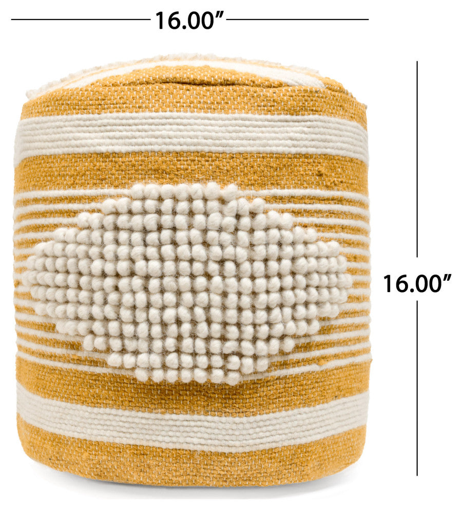 Villard Boho Handcrafted Fabric Cylinder Pouf, White + Mustard Yellow
