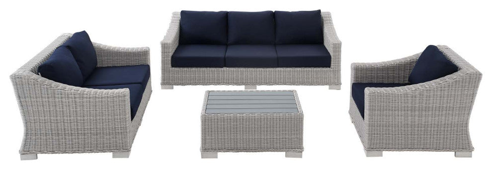 Lounge Sofa Chair Table Set, Rattan, Wicker, Gray Blue Navy, Outdoor