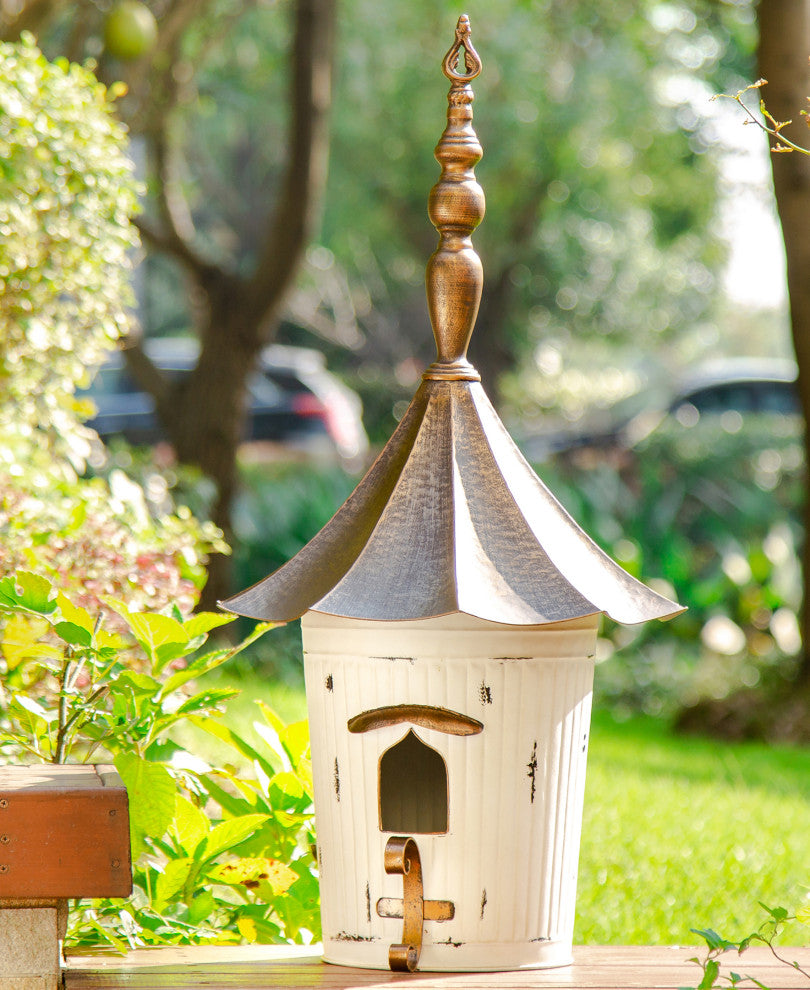29.75"H Farmhouse Washed White Distressed Metal Pagoda Birdhouse