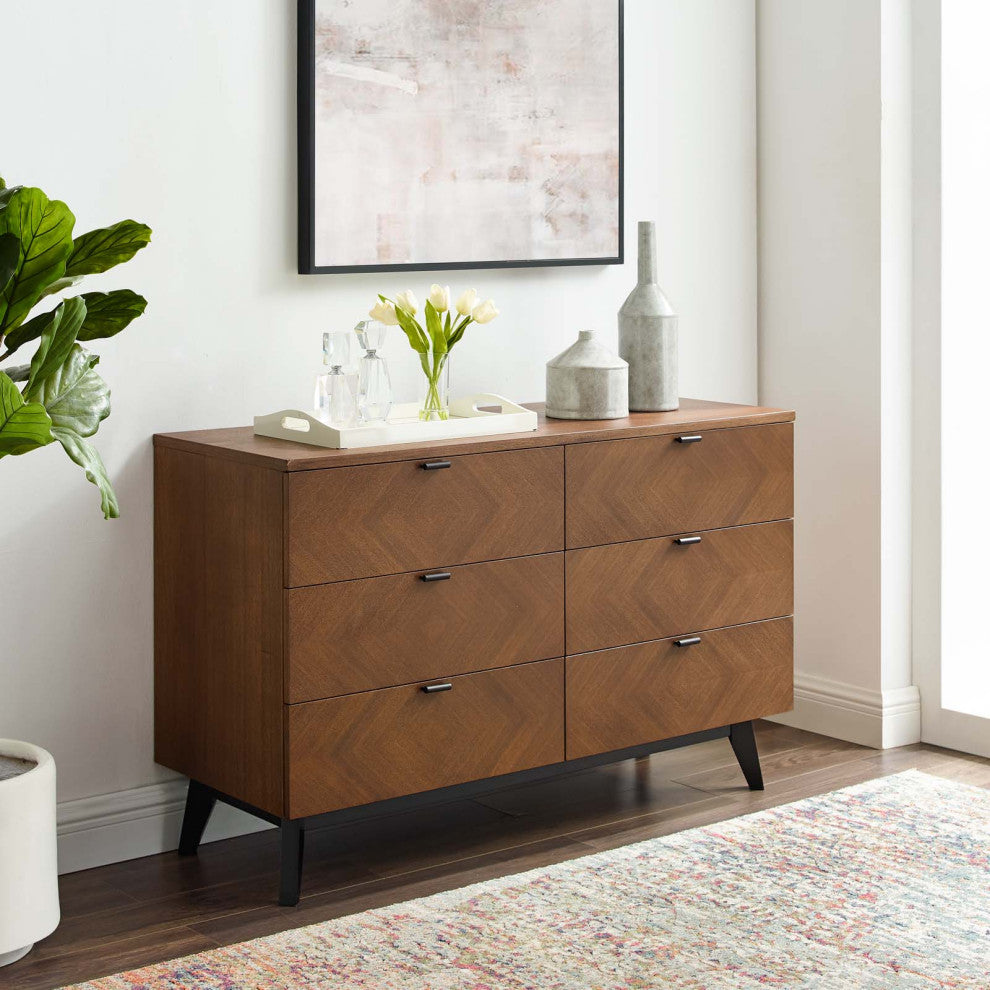 Dresser Drawer Chest Stand, Wood, Brown Walnut, Modern Mid-Century Living Room