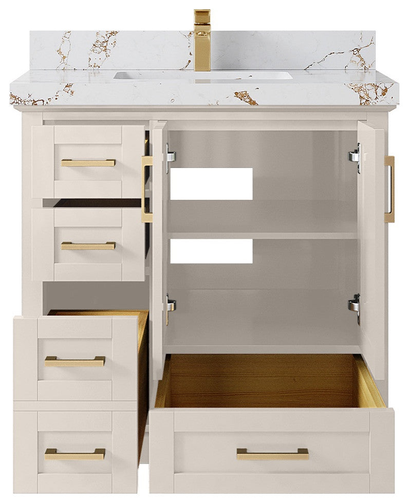 Boston 36" Center Sink Bath Vanity in Fine Grain 2" Viola Gold