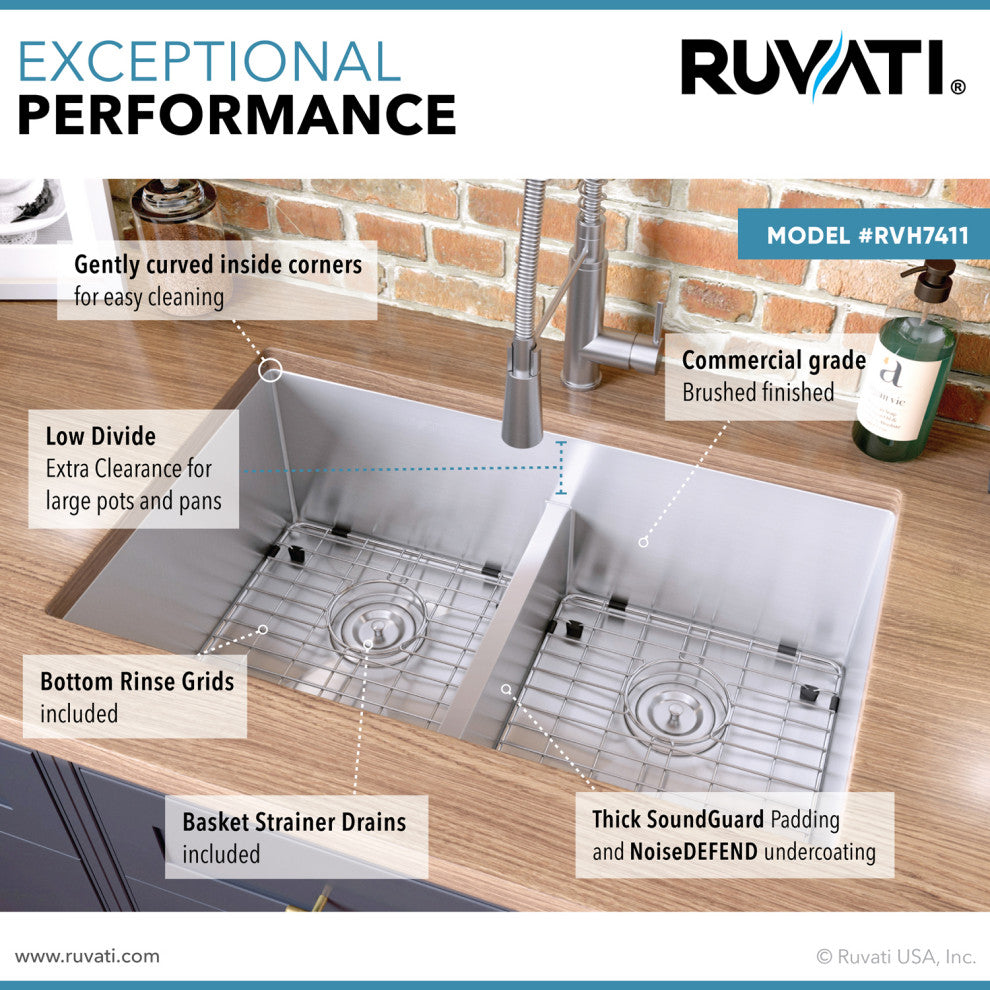 Ruvati RVH7411 32" Low-Divide Tight Radius Double Bowl Kitchen Sink