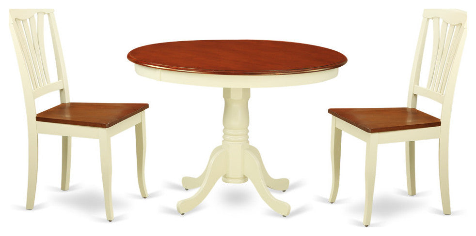 3 Pc Set, Round Small Table, 2 Wood Dinette Chairs, Buttermilk, Cherry .