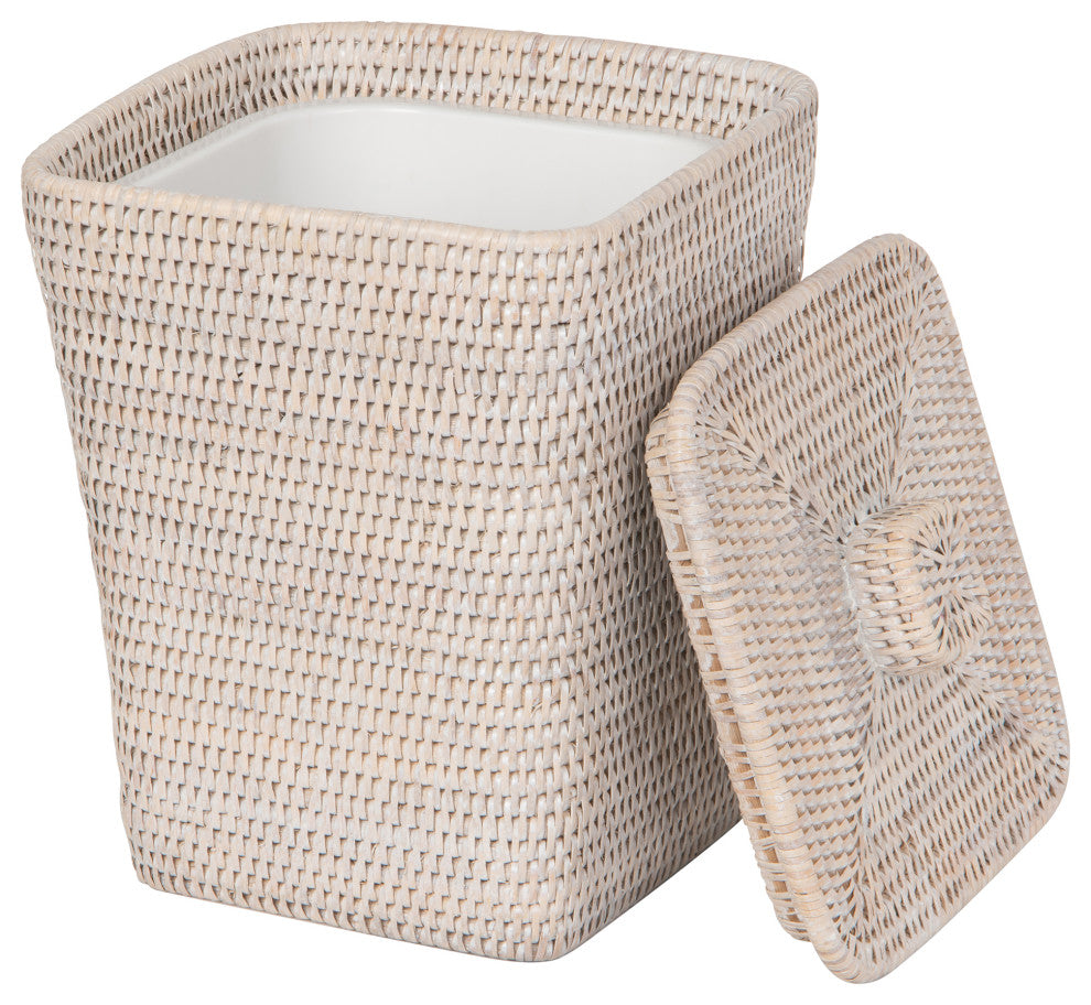 Rattan Square Waste Basket, Lid, Plastic Insert, White-Wash
