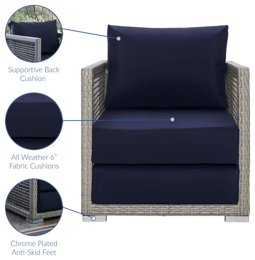 Modern Outdoor Sofa, Chair and Coffee Table Set, Rattan Fabric, Gray Navy Blue