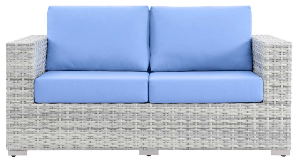 Lounge Loveseat Sofa, Rattan, Wicker, Gray Blue, Modern, Outdoor Patio Cafe