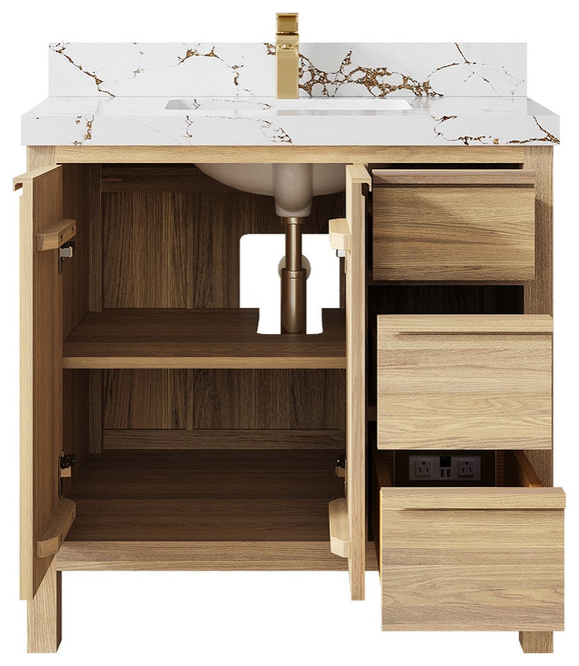 Elizabeth Oak 36" Center Sink Vanity, White 2" Viola Brown