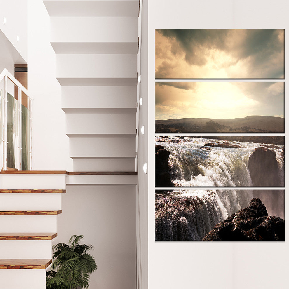 Dramatic Waterfalls in Iceland, Landscape Canvas Art Print, 28"x48", 4 Panels