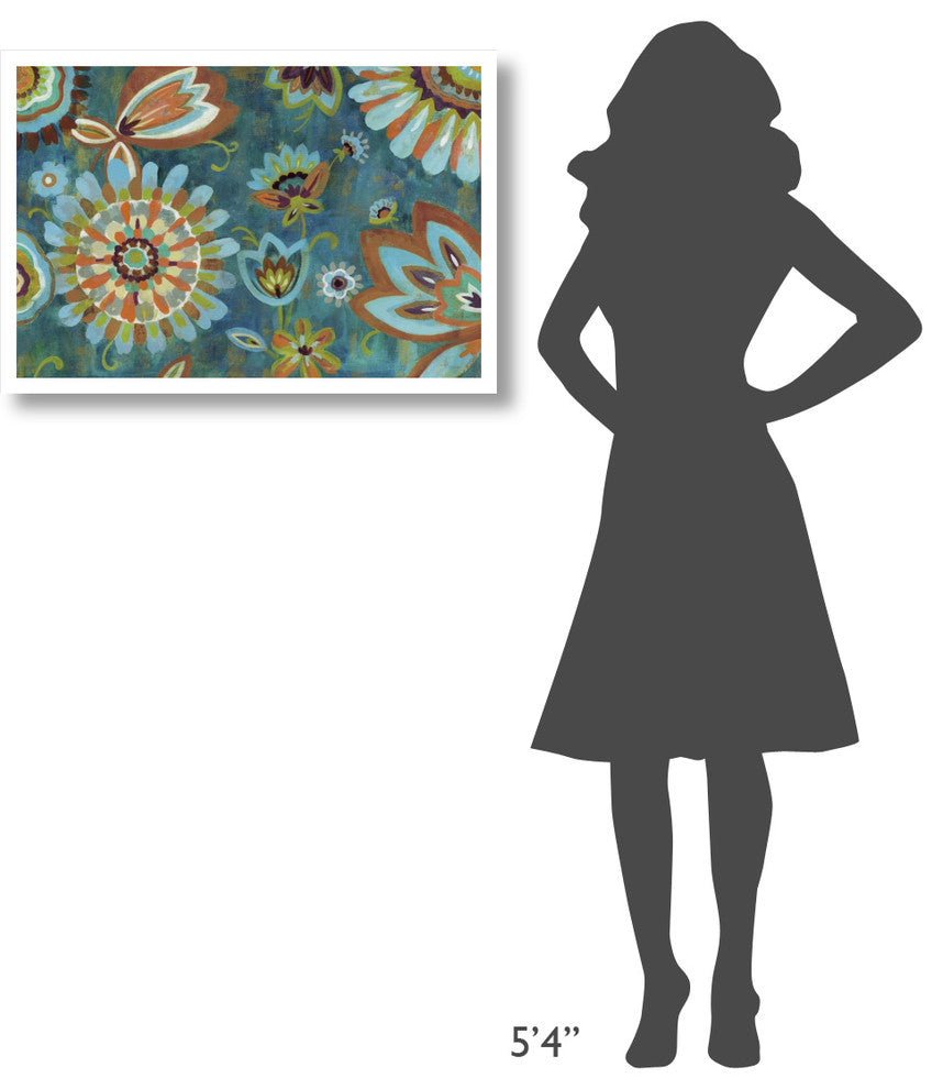 "Decorative Peacock Floral Mustard and Eggplant" Paper Art, 20"x30"