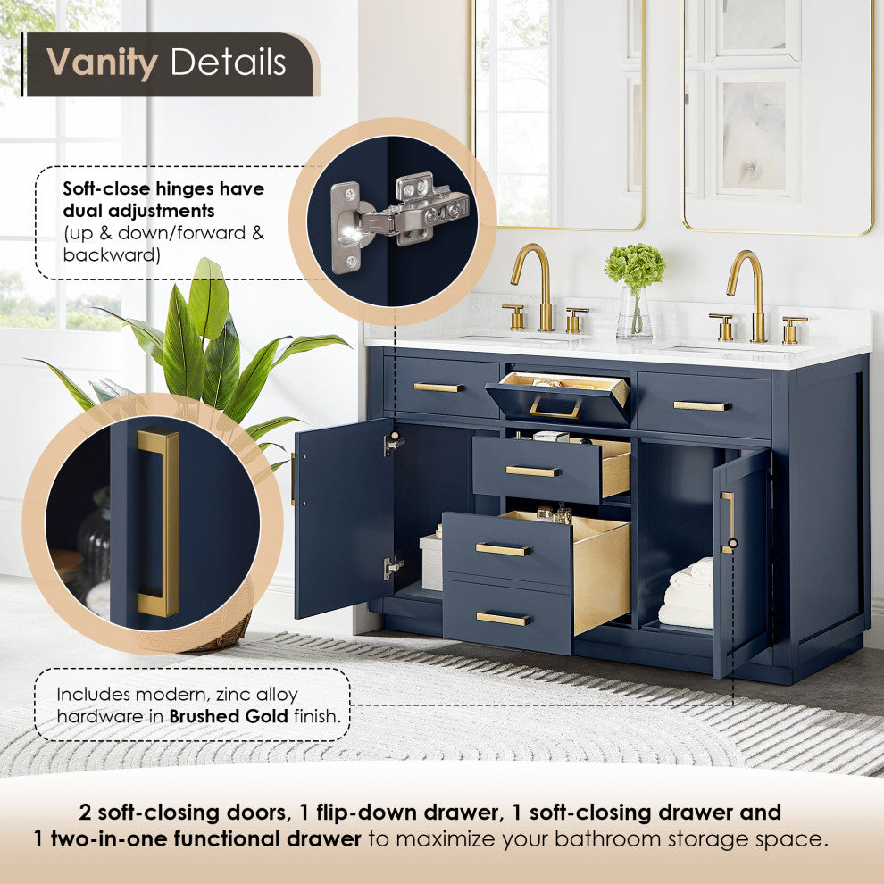 Gavino Vanity with Grain White Composite Stone Top, Royal Blue/Brushed Gold, 54", with Mirror
