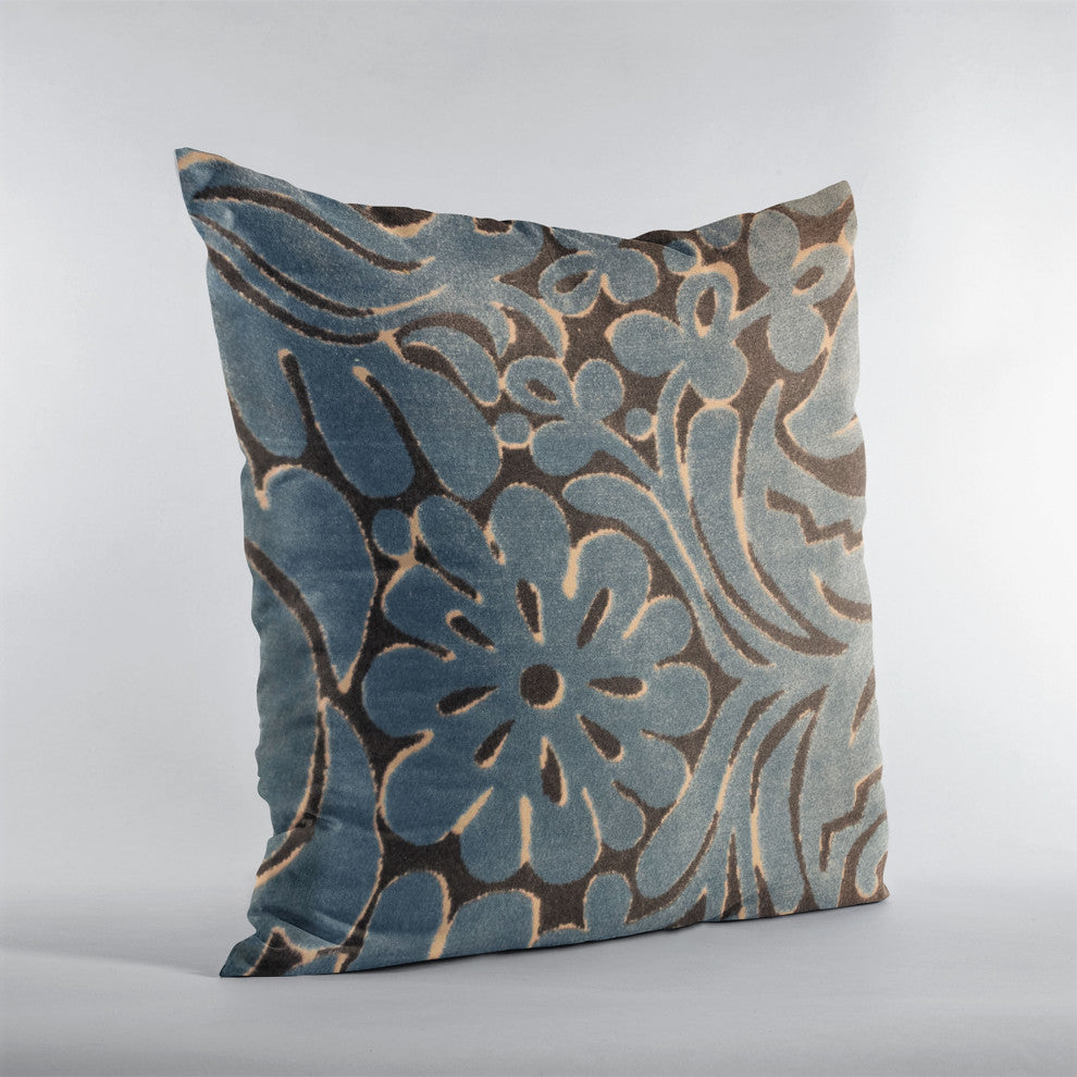 Plutus Blue Flower Velvet Paisley Luxury Throw Pillow, 24"x24"