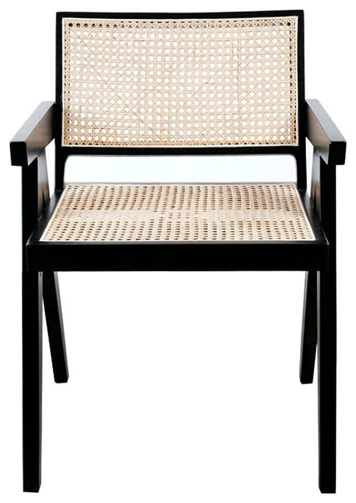 First of a Kind Rattan Cane Dining Chair Wooden Frame Accent, Black