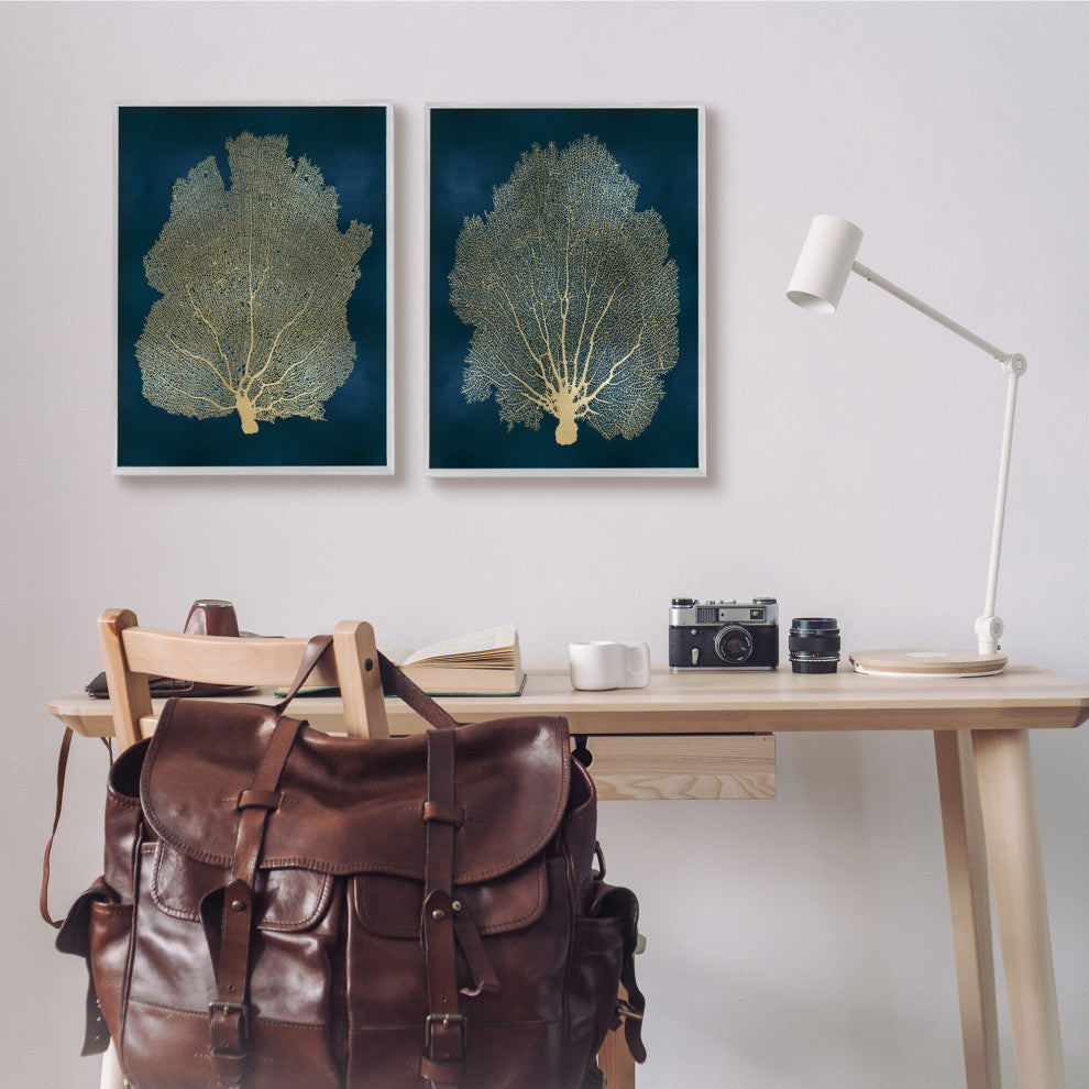 Modern Sea Fan Composition Blue Gold Ocean Plant,2pc, each 16 x 20