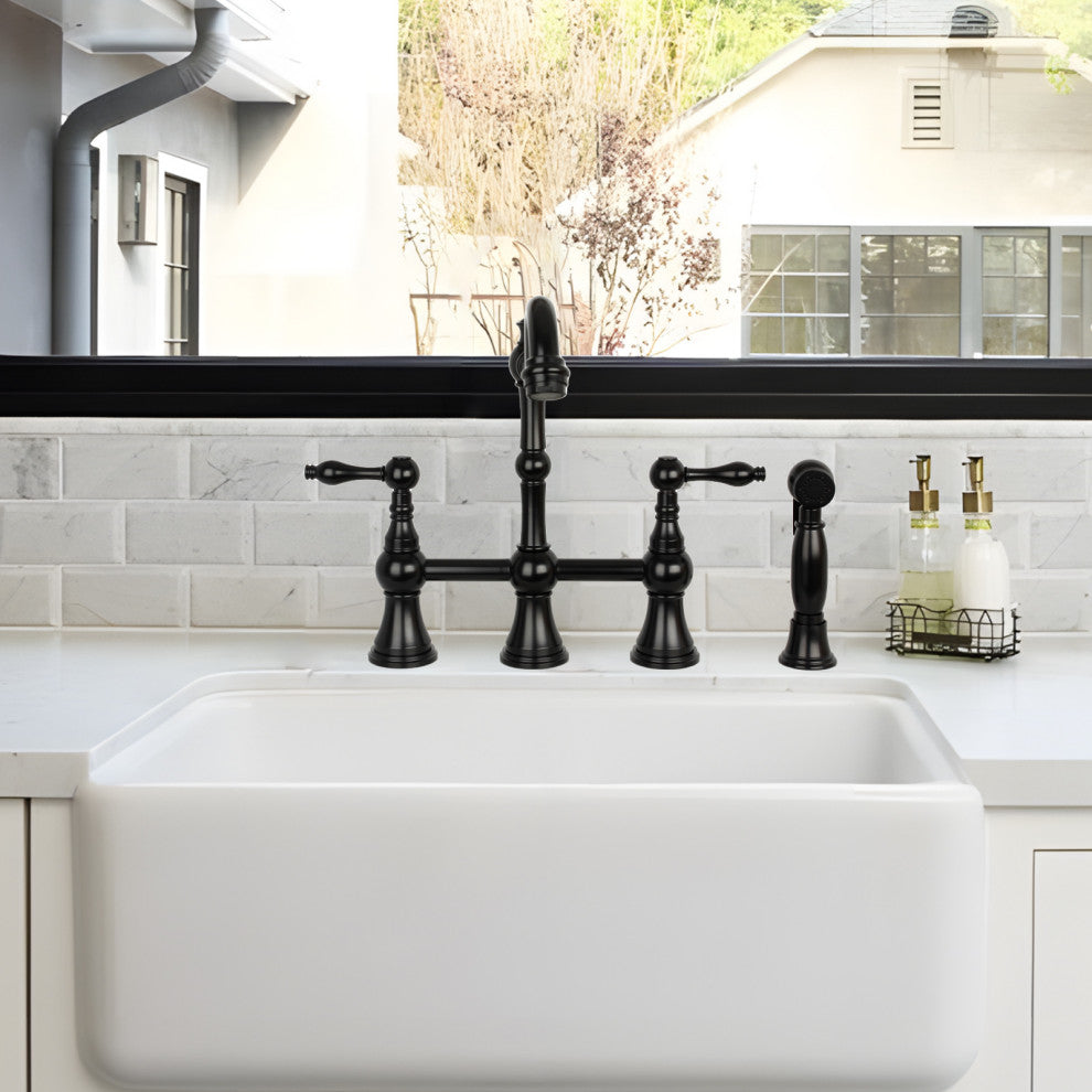 Two-Handles Copper Bridge Kitchen Faucet with Side Sprayer, Matte Black