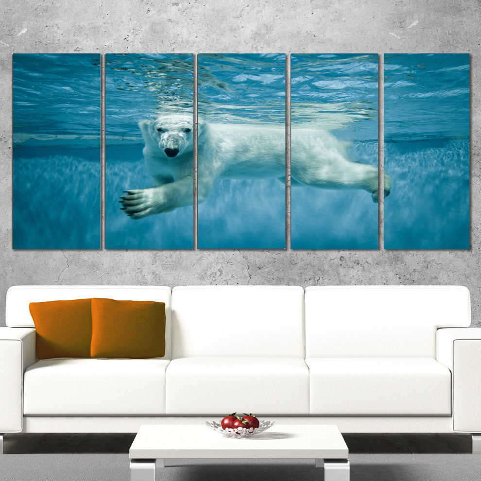 Polar Bear Swimming under Water, Large Animal Canvas Artwork, 60"x28", 5 Panels