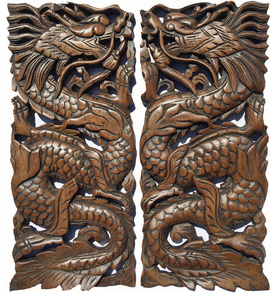 Lucky Dragon Carved Wood Wall Art Decor, Chinese Home Decor, Set of 2, Brown