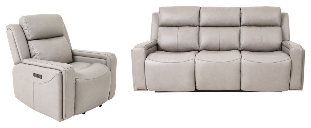 Claude Dual Power Reclining 2 Piece Sofa and Recliner Set, Light Gray Leather