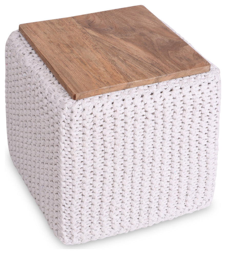 Loft Lyfe Roxy Ottoman, Hand Knitted, Wooden Tray, Cotton Yarn, White