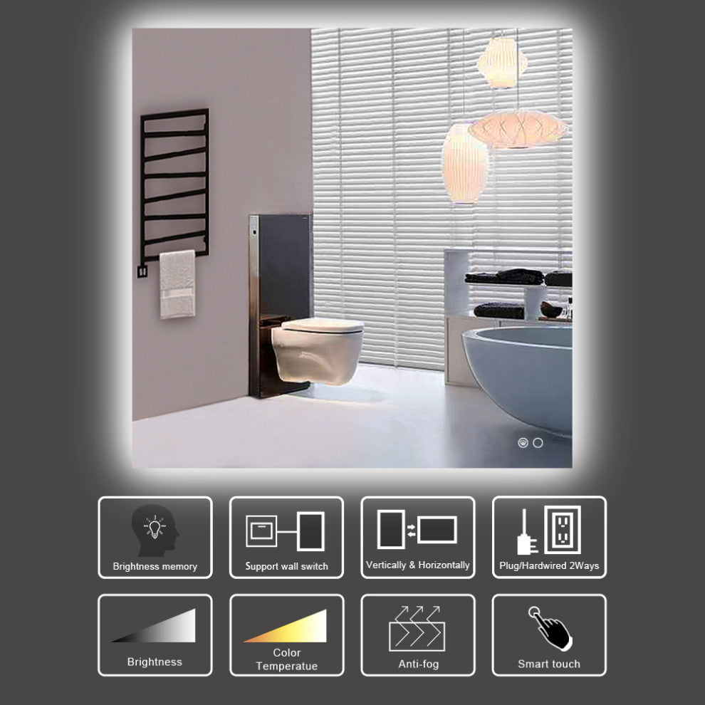 Backlit 3-Color LED Mirror for Bathroom, Anti-Fog Dimmable, 36x36