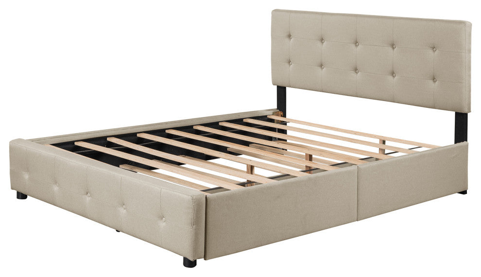 Queen Wood Frame Platform Bed with Drawers and Twin XL Trundle, Beige, Queen