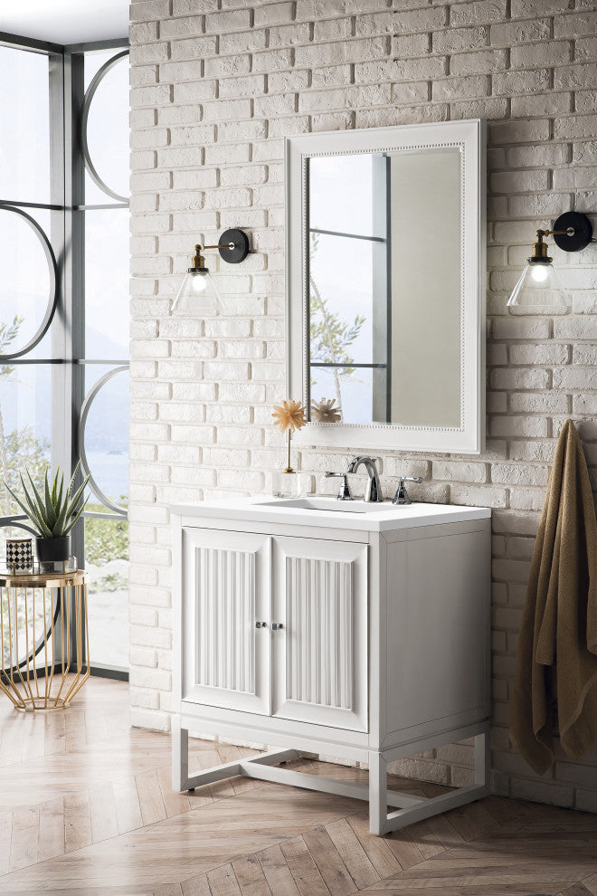 James Martin E645-V30-GW-3WZ Single Vanity Cabinet Glossy White w/ Quartz Top