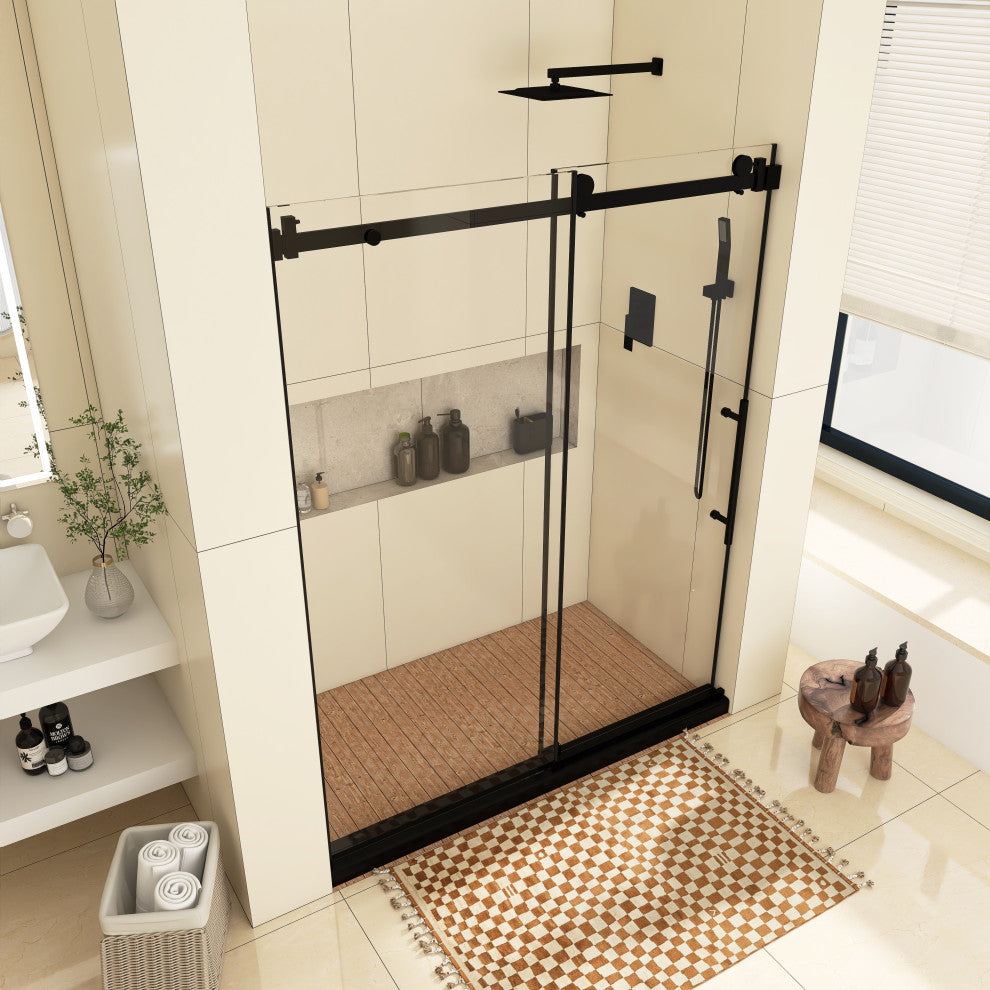 60" W x 76" H Frameless Single Sliding Shower Doors, Matt Black