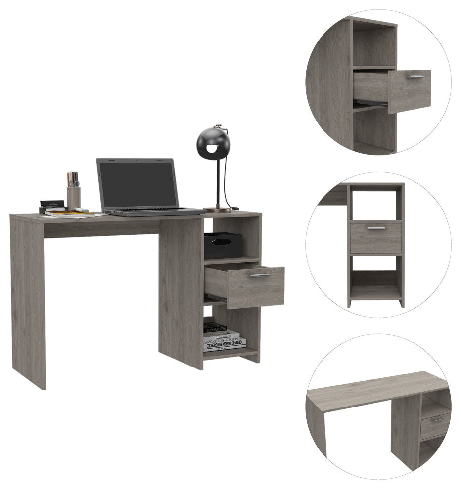 Naxos Computer Desk with Drawer, 2 Open Storage Shelves, and Legs, Light Gray