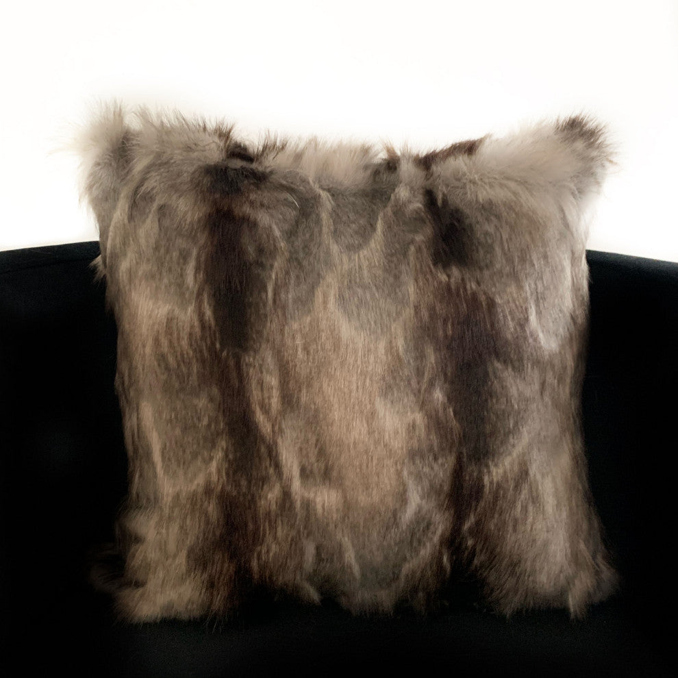 Plutus Brandy Gray Fox Animal Faux Fur Luxury Throw Pillow, 20"x20"