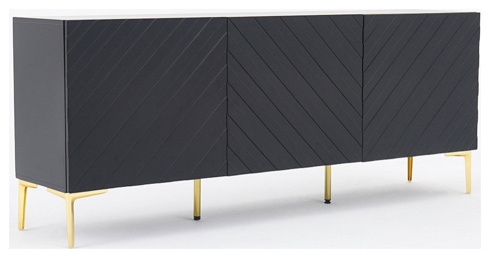 Modern 70.9" Black Buffert Sideboard Table with Gold Legs & 3 Doors, Black