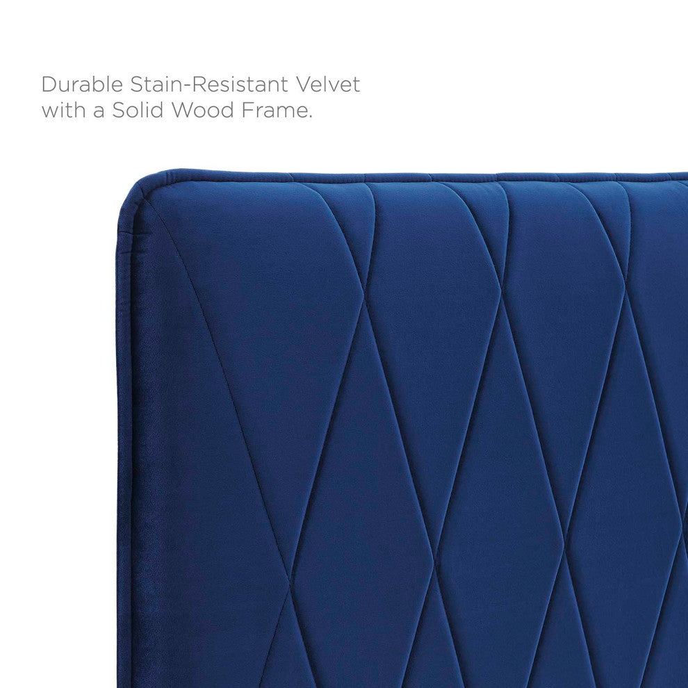 Platform Bed Frame, Queen Size, Velvet, Blue Navy, Modern Contemporary, Bedroom
