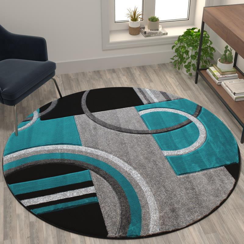 Audra Collection Abstract Area Rug - Olefin Rug with Jute Backing, Turquoise, 5' X 5'