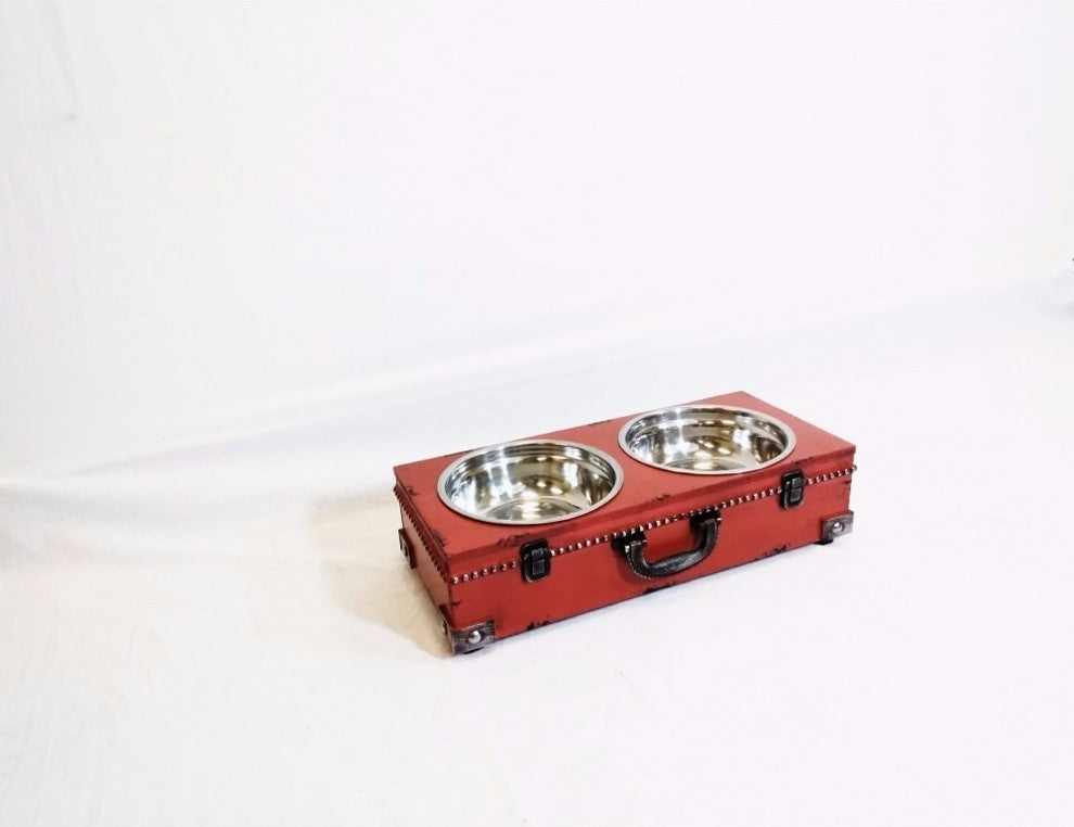 Well-designed Pet Steel Double Bowl with Wooden Stand, Red