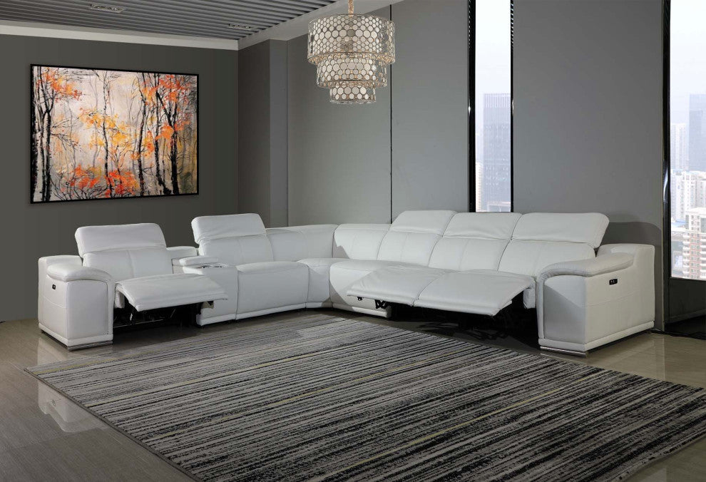 Federico 7-Piece L-Shaped Top Grain Italian Leather Sectional-4 Power Recliners, White