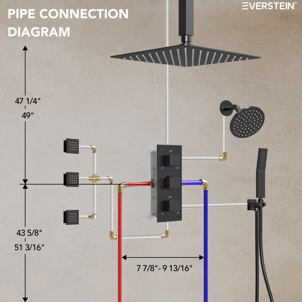 Thermostatic Dual Heads 12" Rainfall Shower System With 3 Body Jets, Matte Black