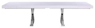 Excel Extendable 2 Leaf Dining Table, Durable Stainless Steel Base, White Lacque