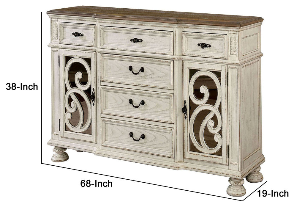 Benzara BM252370 Server With Intricate Wood Inlay Details, Antique White