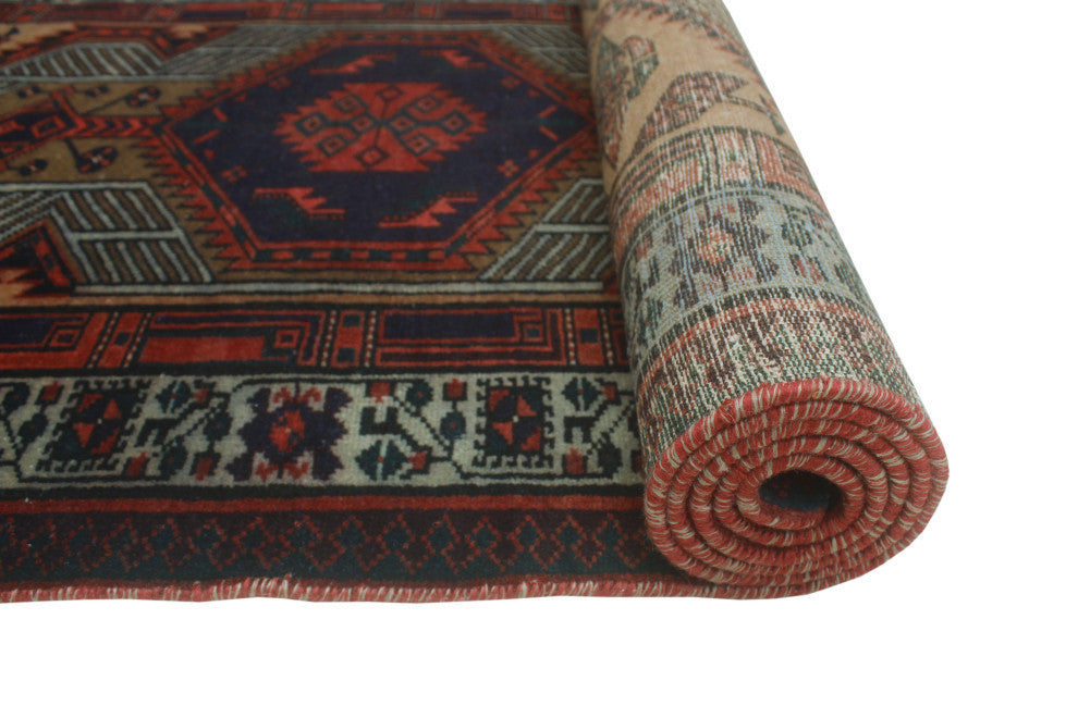Fine Vintage Distressed Norwell Navy/Red Runner, 3'2x11'4