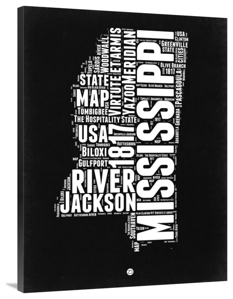 "Mississippi Black and White Map" Fine Art Print