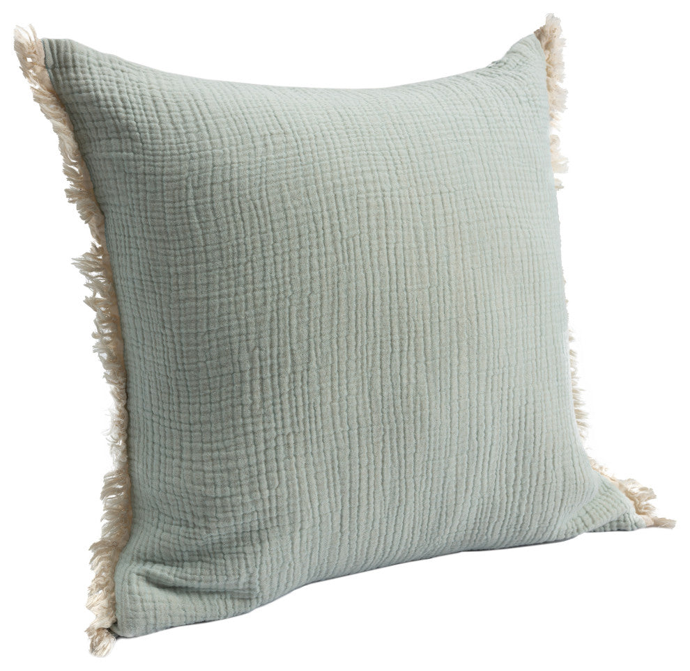 Cream/ Beige Solid Fringed Organic Turkish Cotton Throw Pillow, Green
