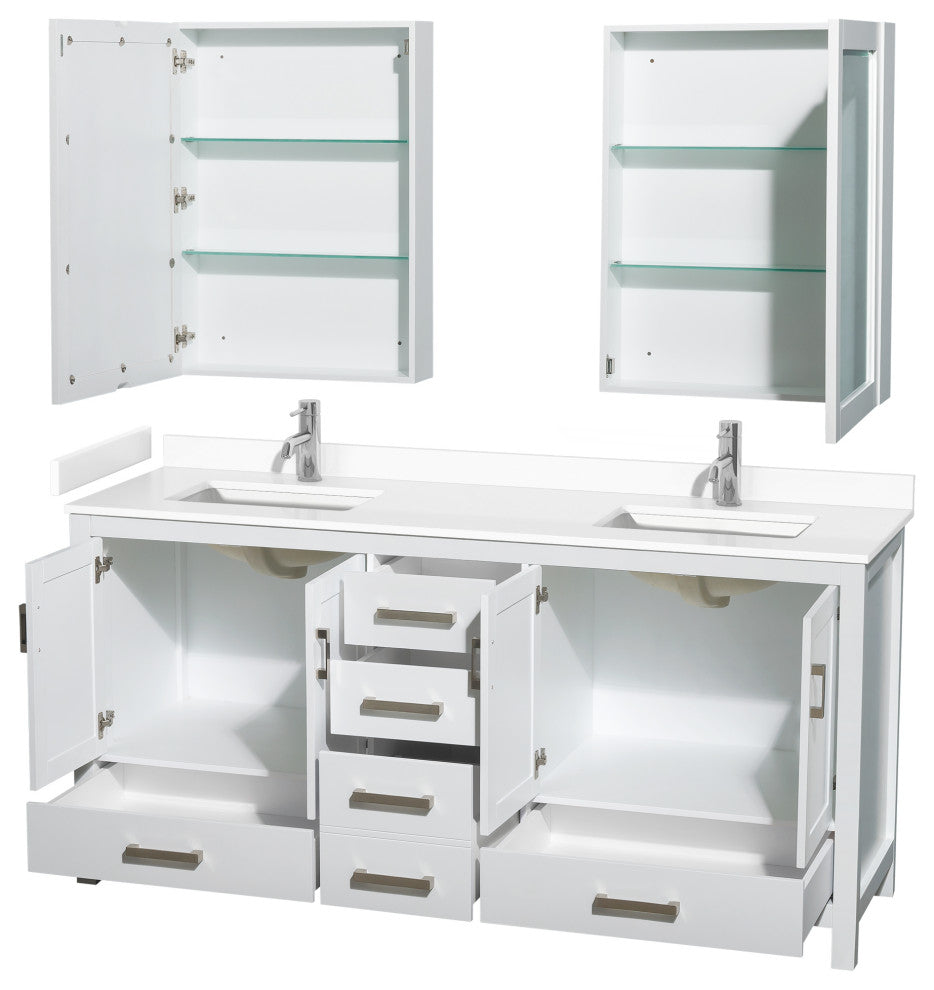72"DBL Bathroom Vanity White, White Cult. Marble Countertop, Sinks, Med.Cabinets
